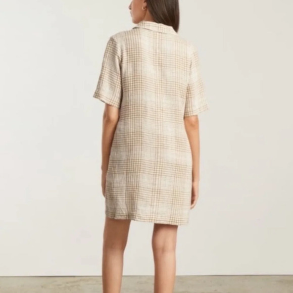 Everlane 100% Linen Dress Plaid Cream Tan Mini Short Sleeve XS Shirtdress Pocket - Picture 3 of 9